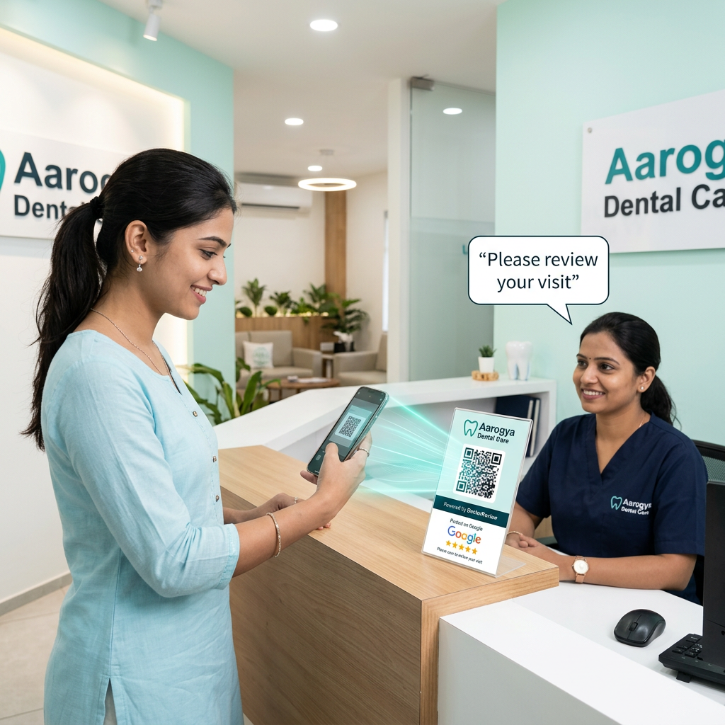 Patient scanning a clinic QR code at the reception desk to leave a review