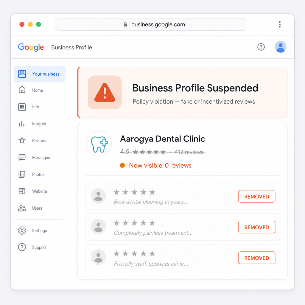 A suspended Google Business Profile for a clinic caught using fake reviews