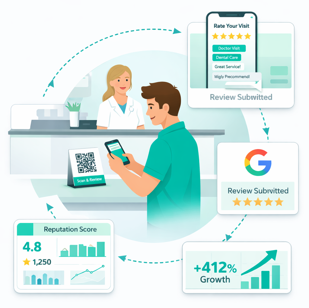 A patient scans a QR code at the clinic reception, leaves a 5-star Google review, and the clinic's reputation score and reviews grow by +412%