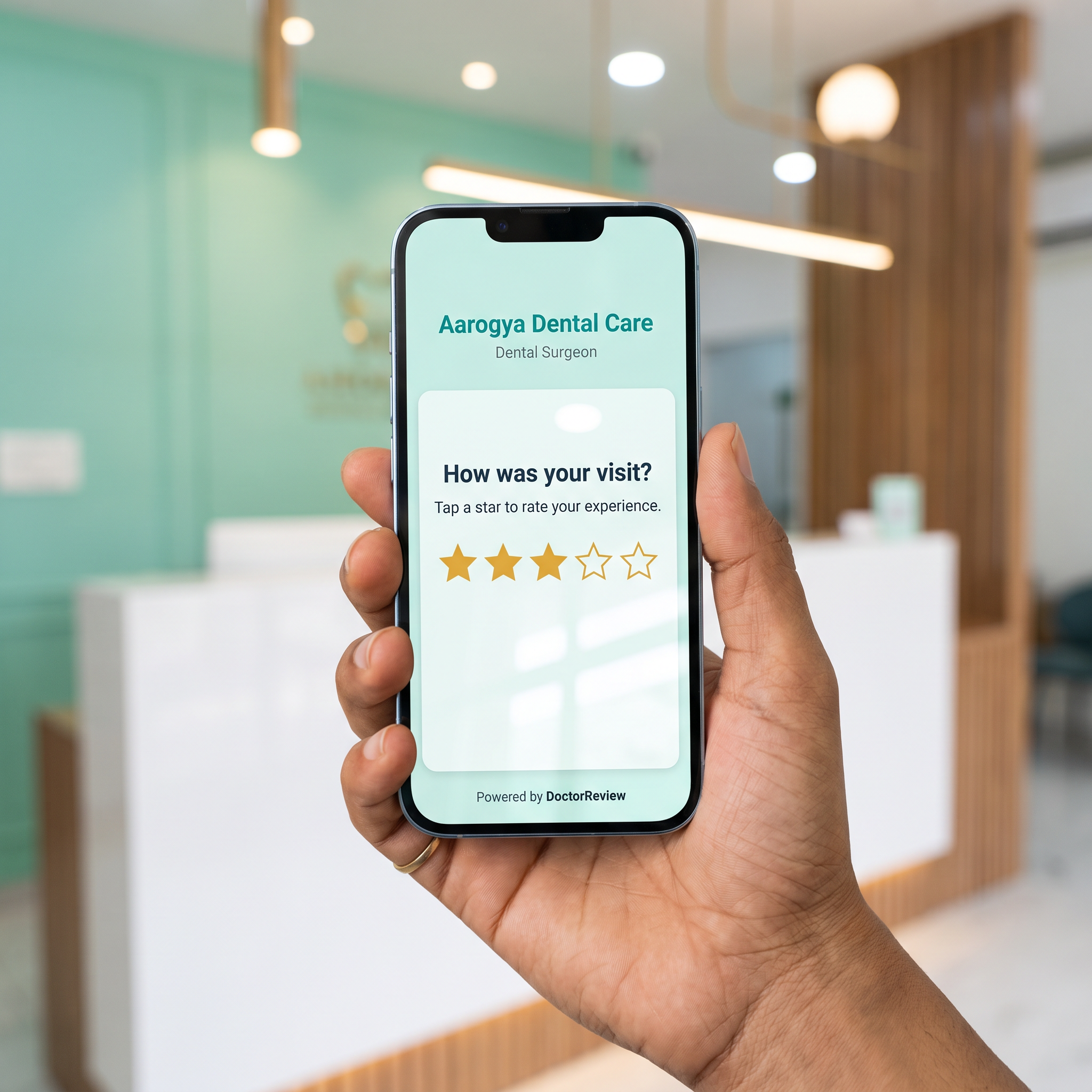 Patient holding a phone showing the SmileWell smart review page with a star rating